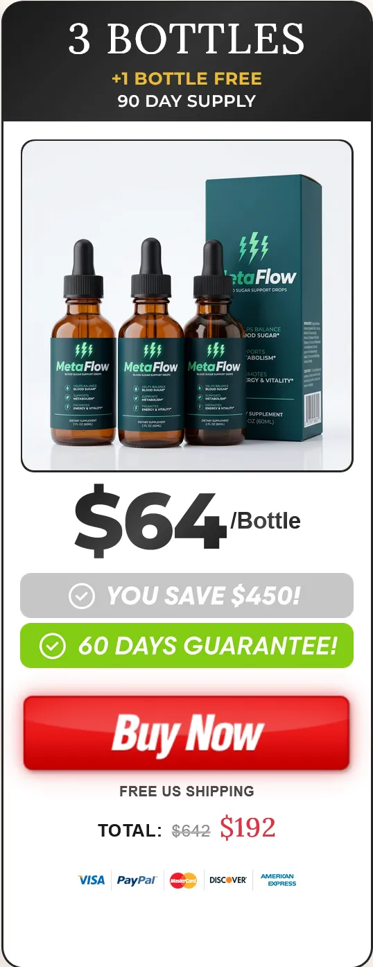 MetaFlow 3 bottle package for 90-day blood sugar support and balanced daily energy