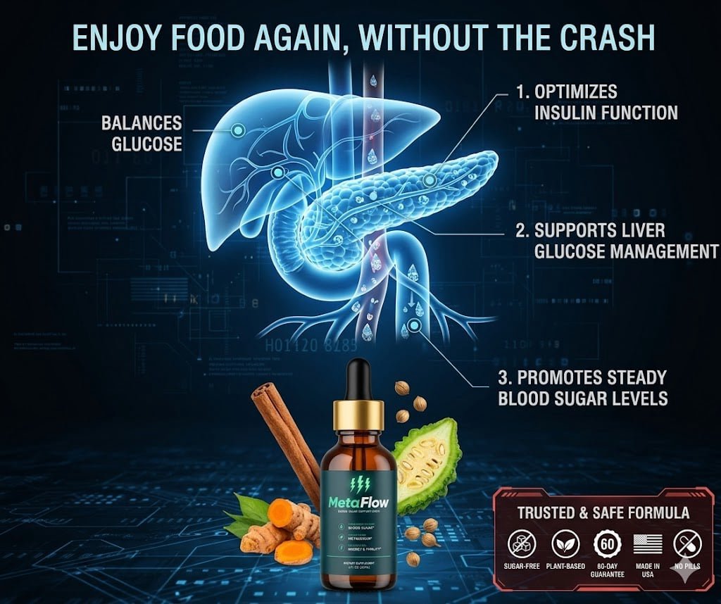 MetaFlow blood sugar support infographic showing liver and pancreas function with natural herbal ingredients.